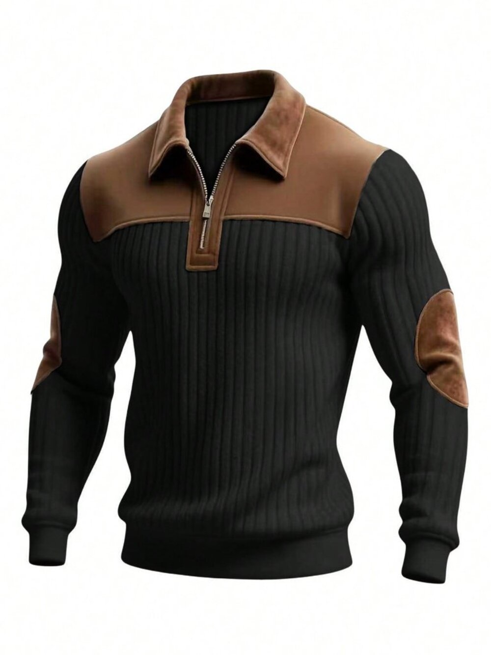 Black & Brown Casual Men's Ribbed Zip-Up Sweatshirt